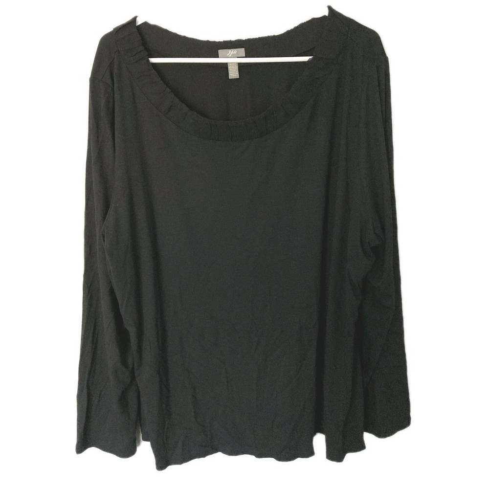 J Jill Blouse Women 3X Blk Stretch Scoop Neck Long Sleeve Pleated Neck Trim EUC